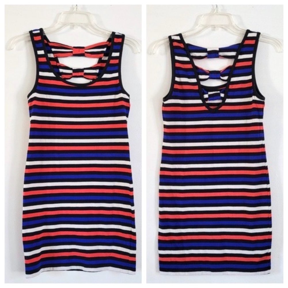 Y2K Forever 21 Striped Bodycon Dress Bows Cutout Coral Blue XXI Small‎